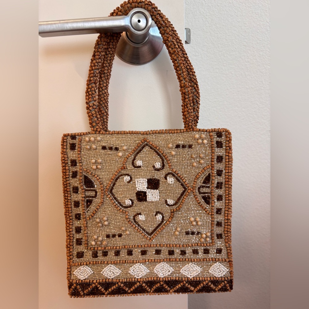 Handcrafted Beaded Tote Bag - Brown and Cream